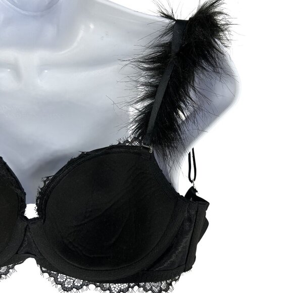 Victorias Secret NWT Demi Bra 32D Black Faux Fur & Solid Straps Sexy Coquette - Picture 7 of 14